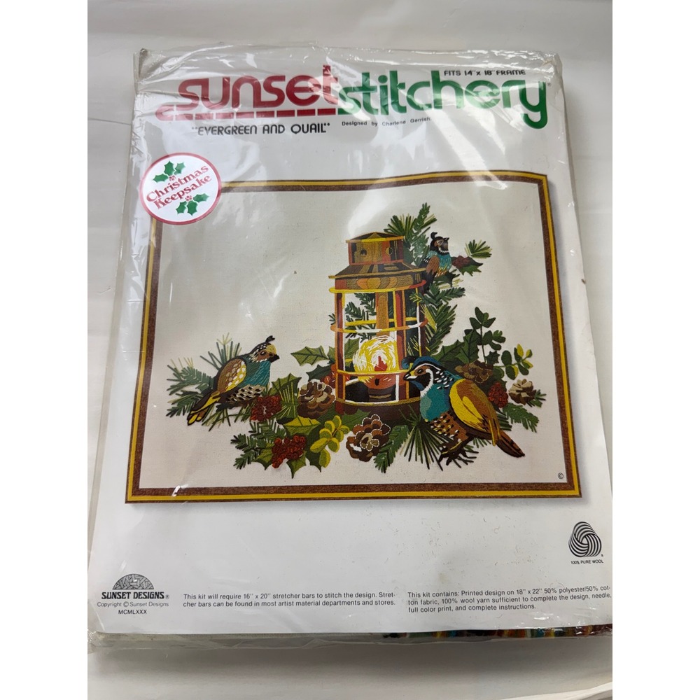 Vtg Sunset Stitchery Crewel Needlecraft Kit Evergreen and Quail Charlene Gerrish